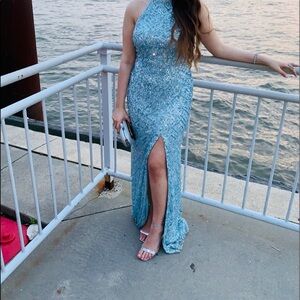 Light blue cut out back prom dress with a slit